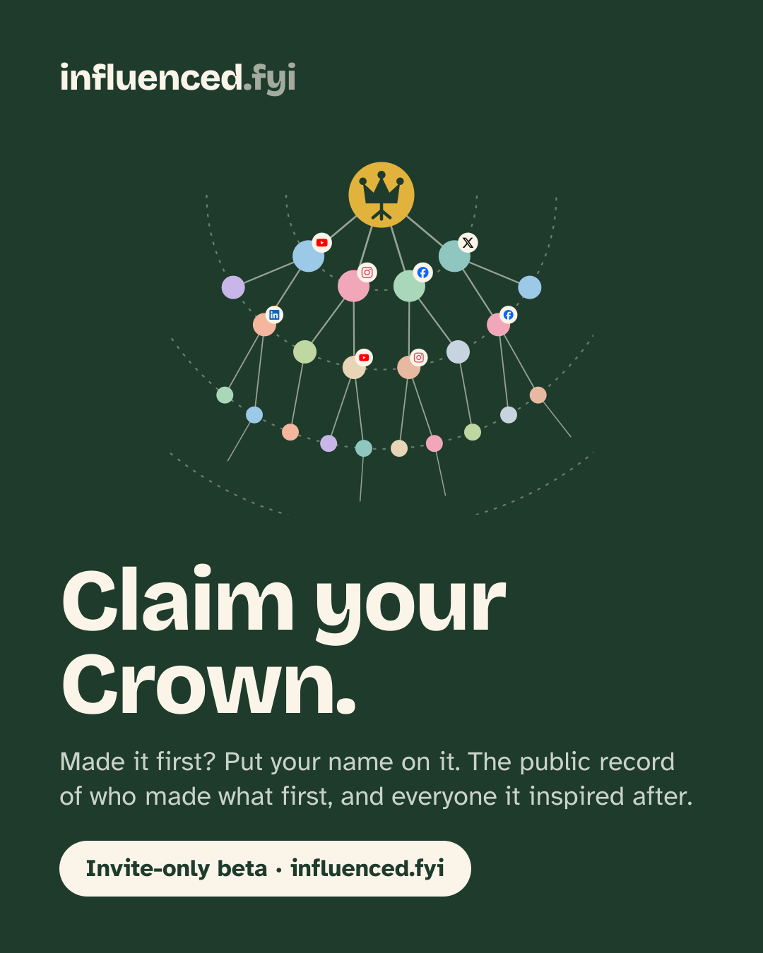 The influenced.fyi card: the Crown above a lineage, with the words Claim your Crown.